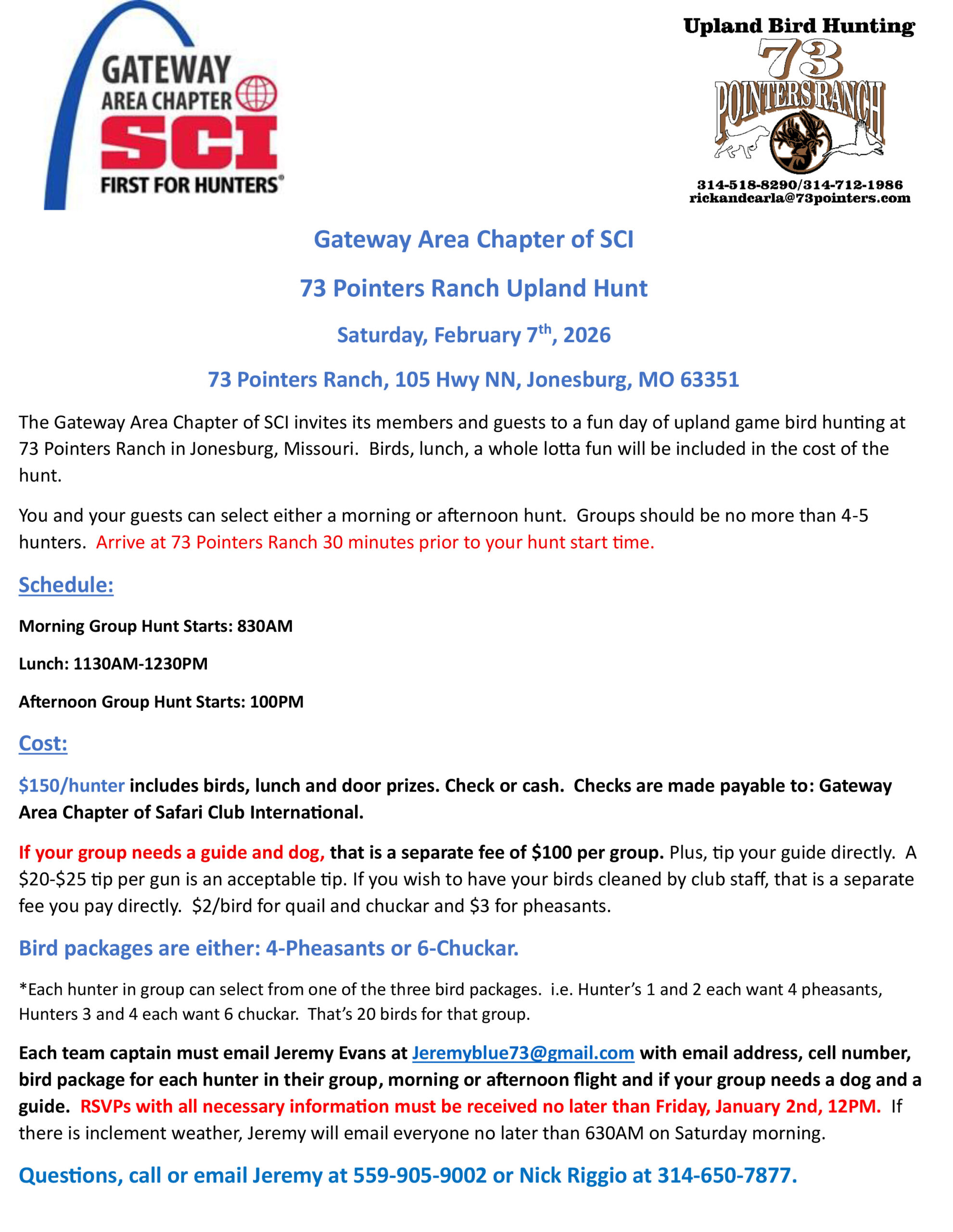 2026 73 Pointers Upland Game Hunt Invitation 02.07.26